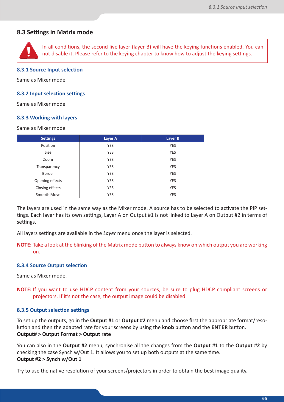 3 settings in native matrix mode, 1 source input selection, 2 input selection settings | 3 working with layers, 4 source output selection, 5 output selection settings, 3 settings in matrix mode | Analog Way Saphyr User Manual | Page 65 / 103