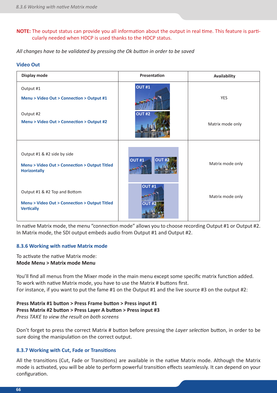 6 working with native matrix mode, 7 working with cut, fade or transitions | Analog Way Saphyr User Manual | Page 66 / 103