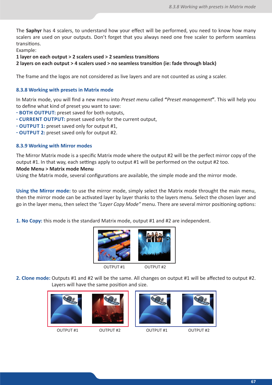 8 working with presets in matrix mode, 9 working with mirror modes | Analog Way Saphyr User Manual | Page 67 / 103
