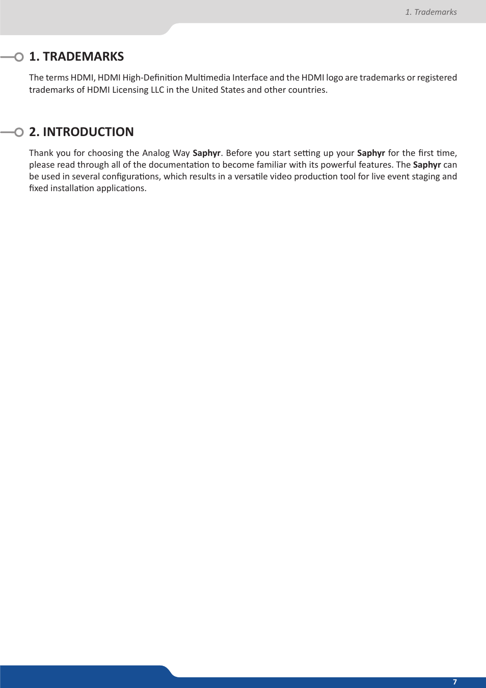 Trademarks, Introduction, Trademarks 2. introduction | Analog Way Saphyr User Manual | Page 7 / 103