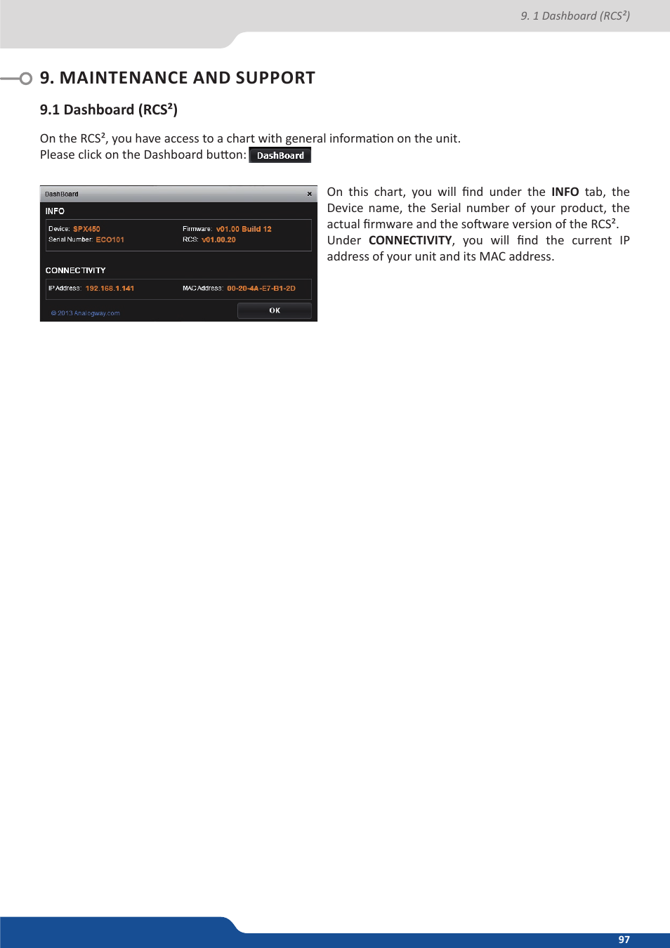 Maintenance and support, 1 dashboard (rcs²) | Analog Way Saphyr User Manual | Page 97 / 103