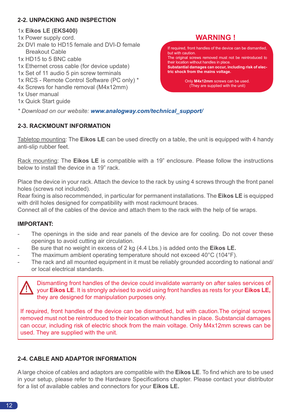 Warning | Analog Way Eikos LE User Manual | Page 14 / 88