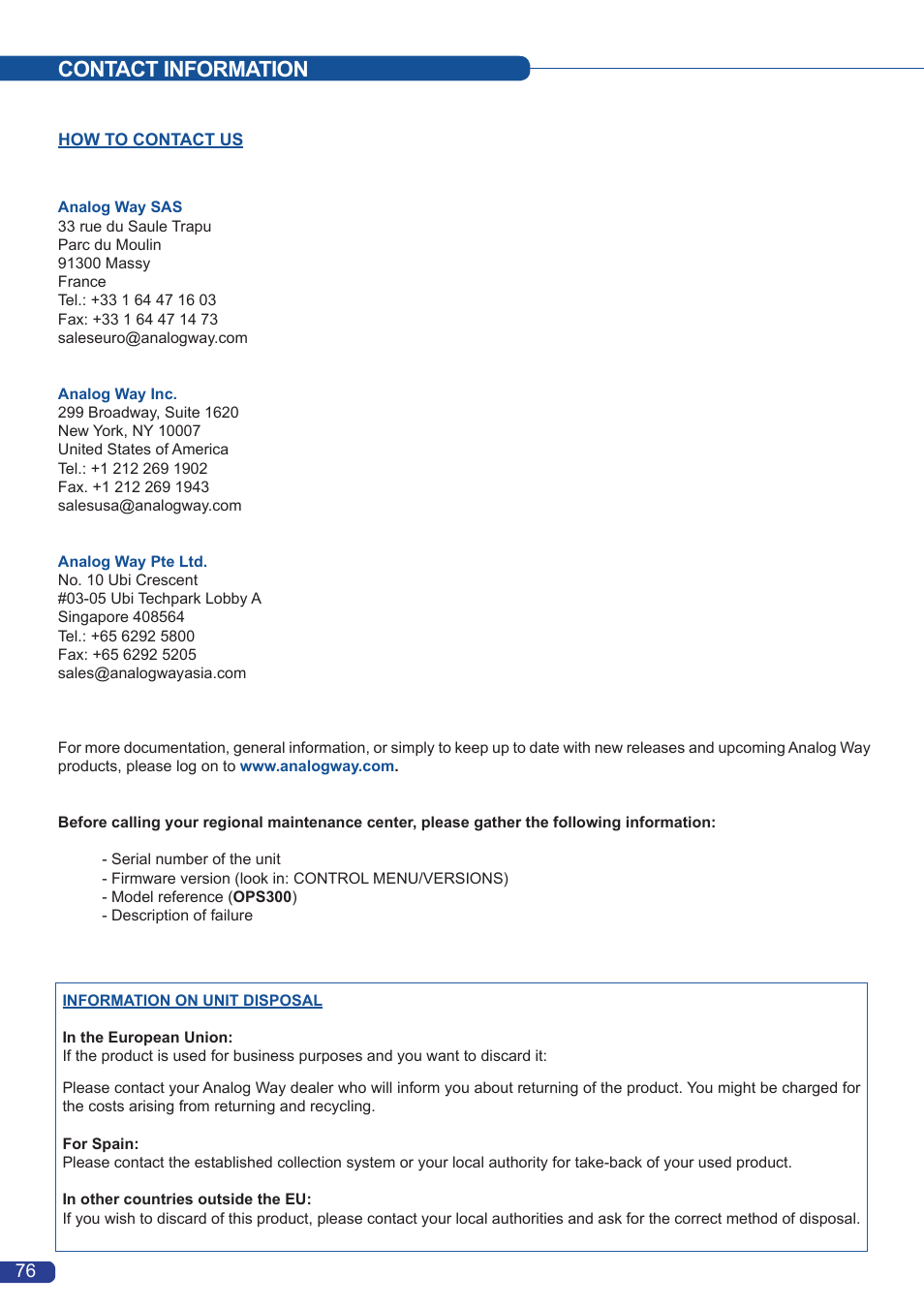 Contact information | Analog Way OPS300 User Manual | Page 78 / 80