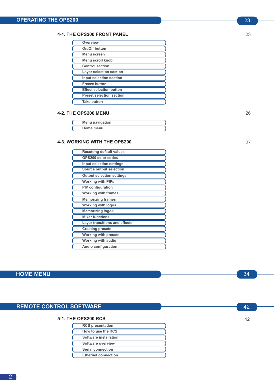 Remote control software 42, Home menu 34 2 | Analog Way OPS200 User Manual | Page 4 / 57