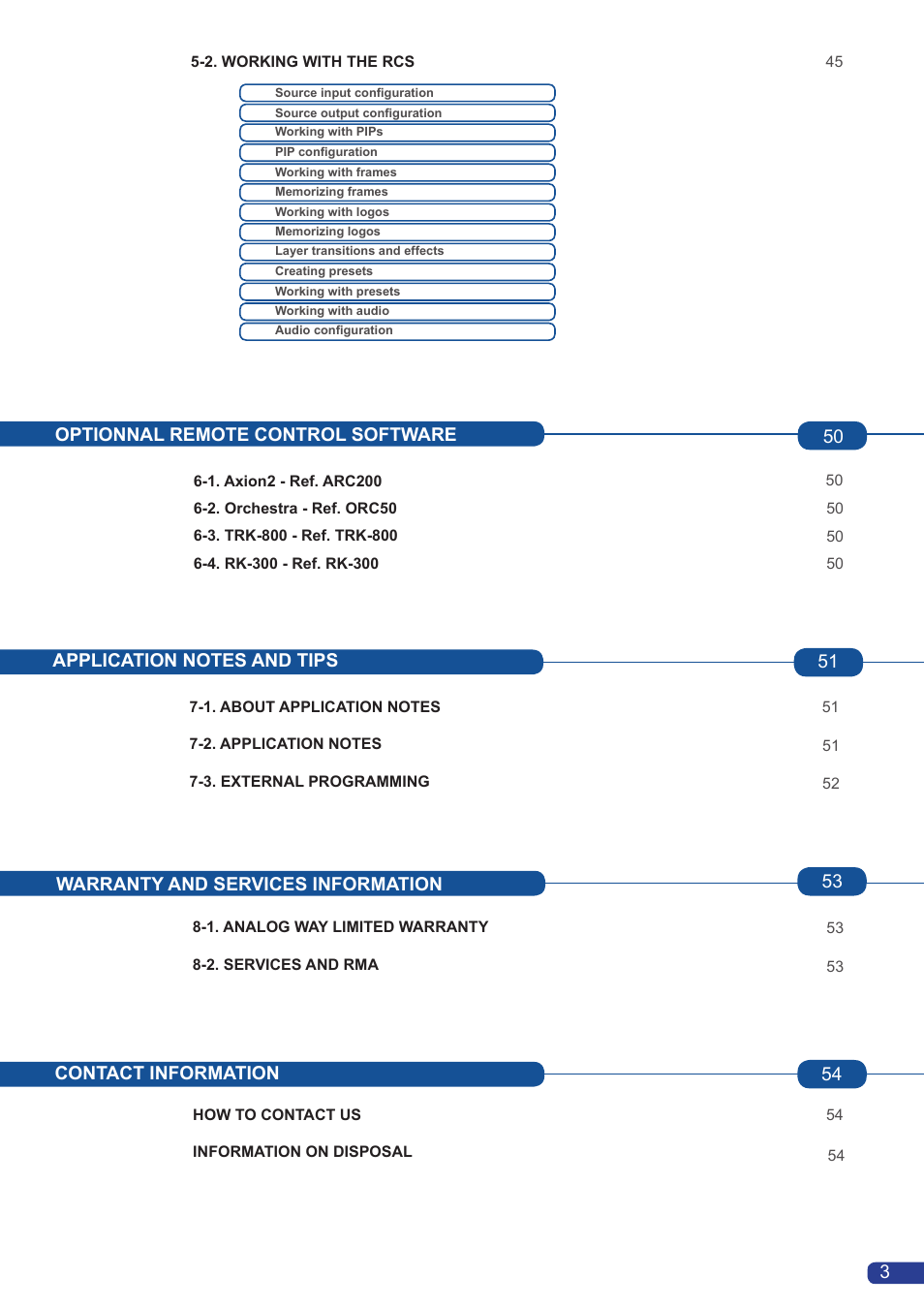 Contact information 54, Warranty and services information 53 | Analog Way OPS200 User Manual | Page 5 / 57