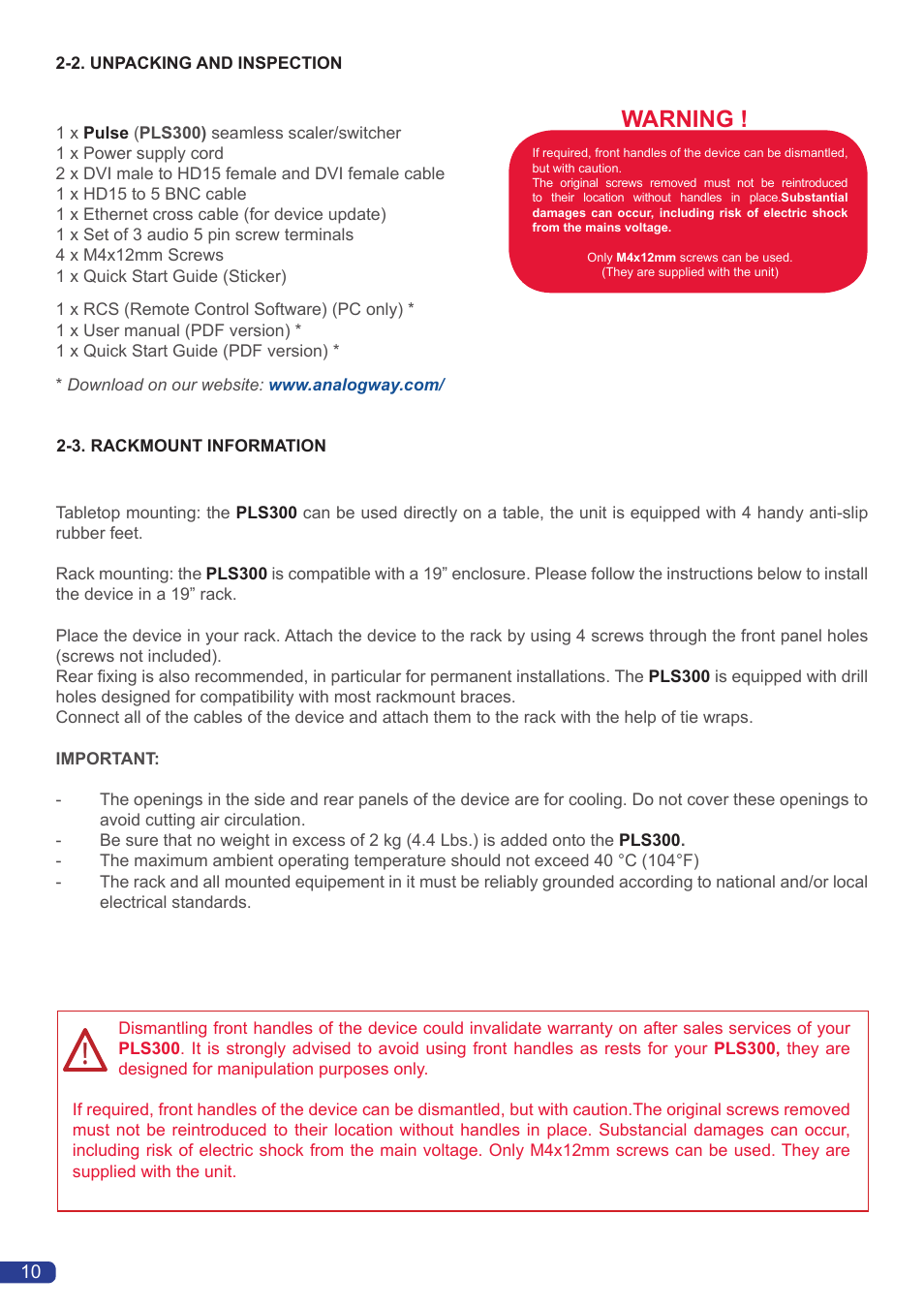 Warning | Analog Way Pulse User Manual | Page 12 / 58