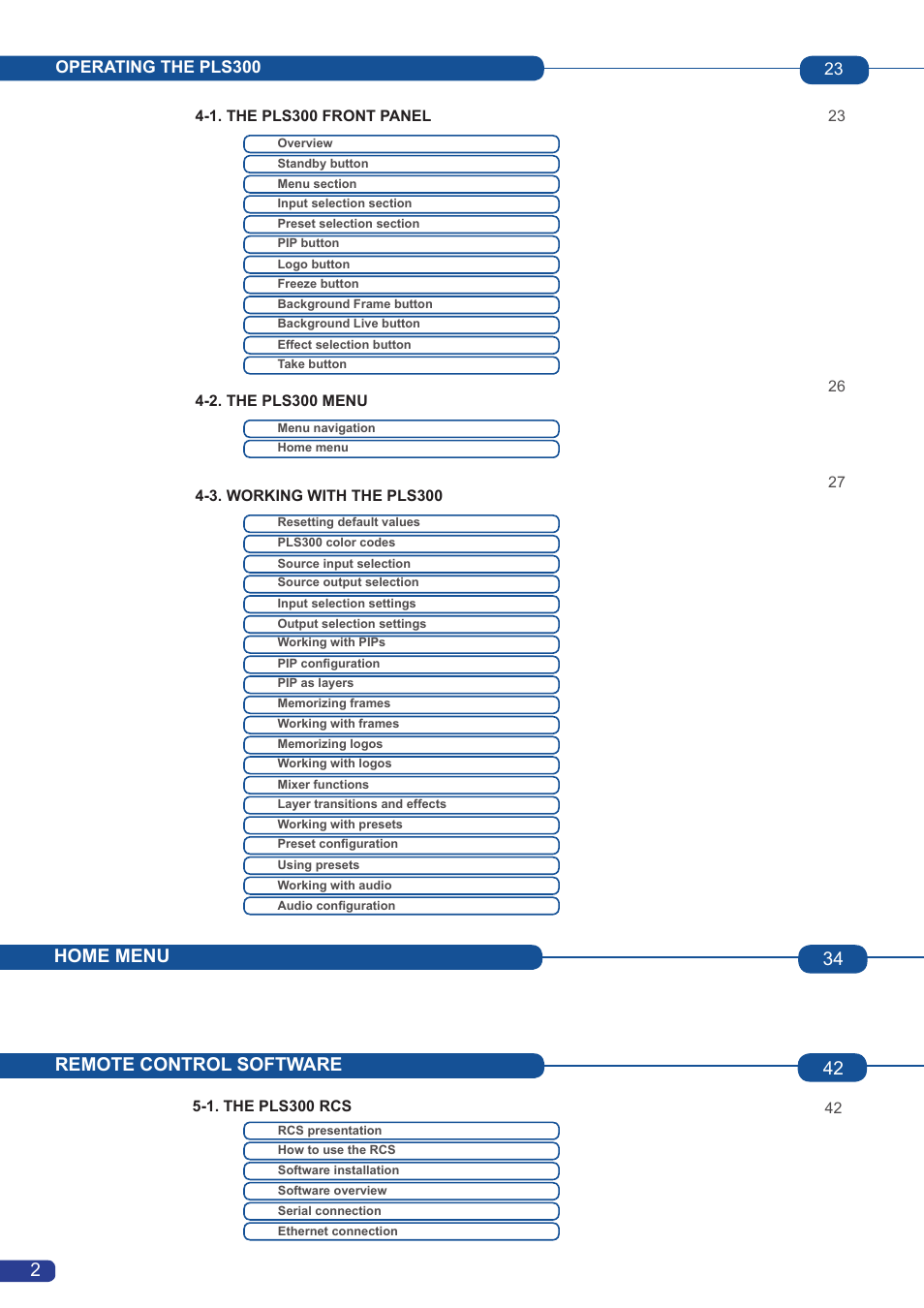 Remote control software 42, Home menu 34 2 | Analog Way Pulse User Manual | Page 4 / 58