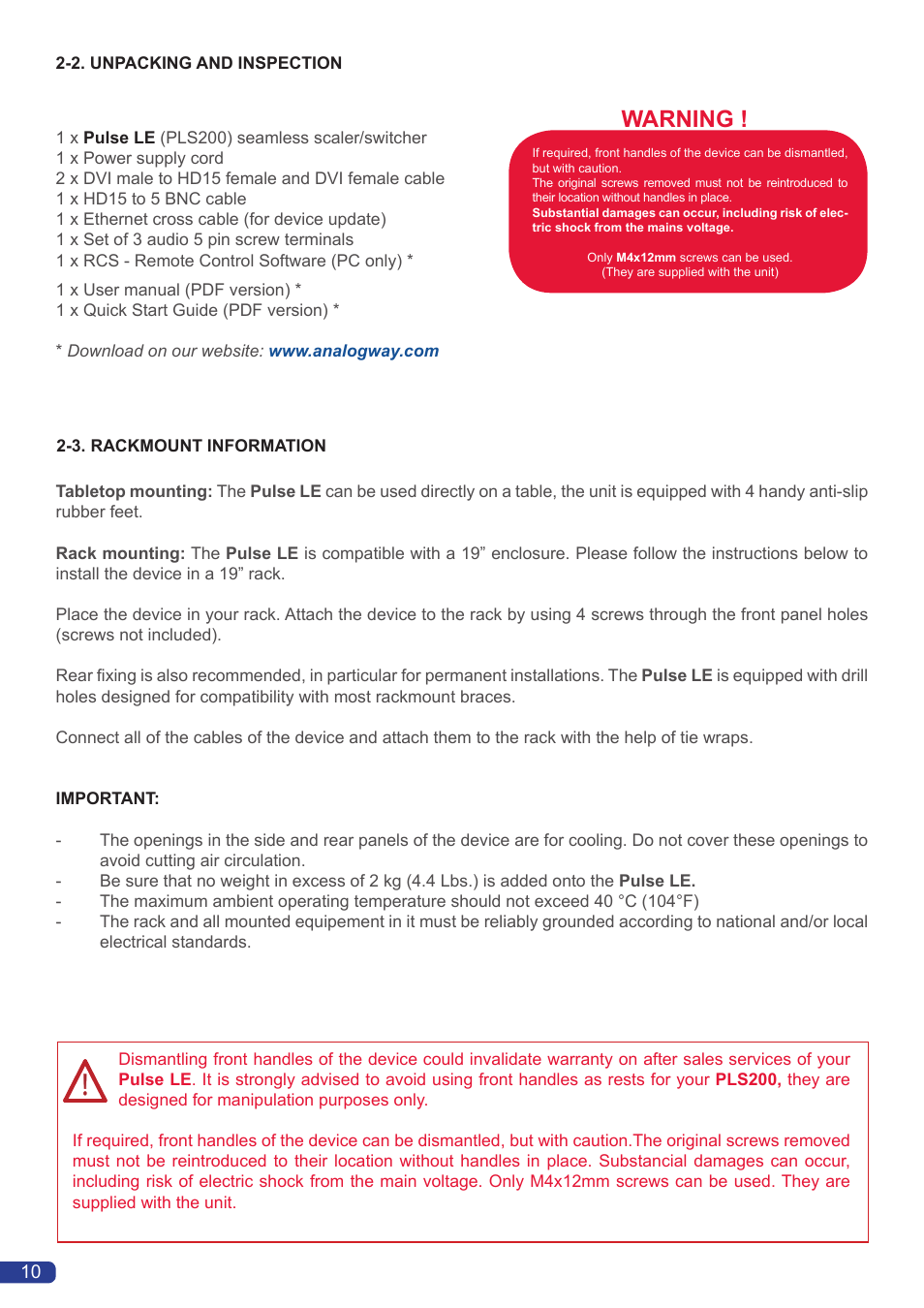 Warning | Analog Way Pulse LE User Manual | Page 12 / 53