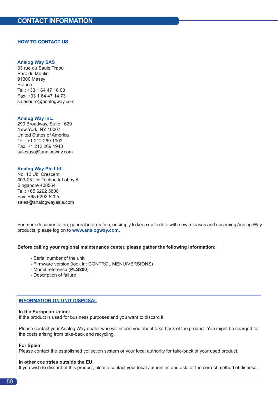 Contact information | Analog Way Pulse LE User Manual | Page 51 / 53