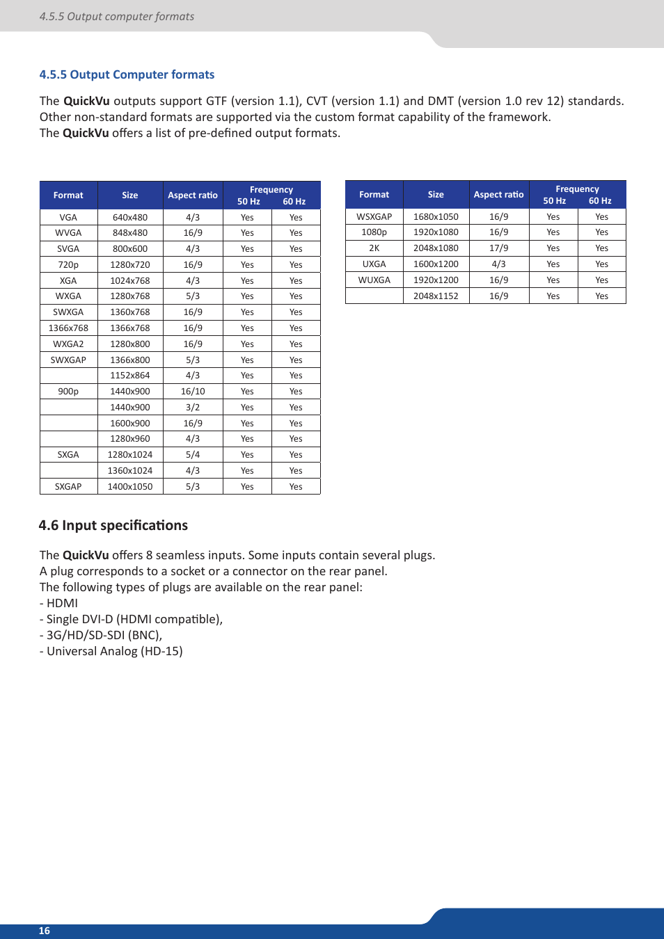 5 output computer formats, 6 input specifications | Analog Way QuickVu User Manual | Page 16 / 87
