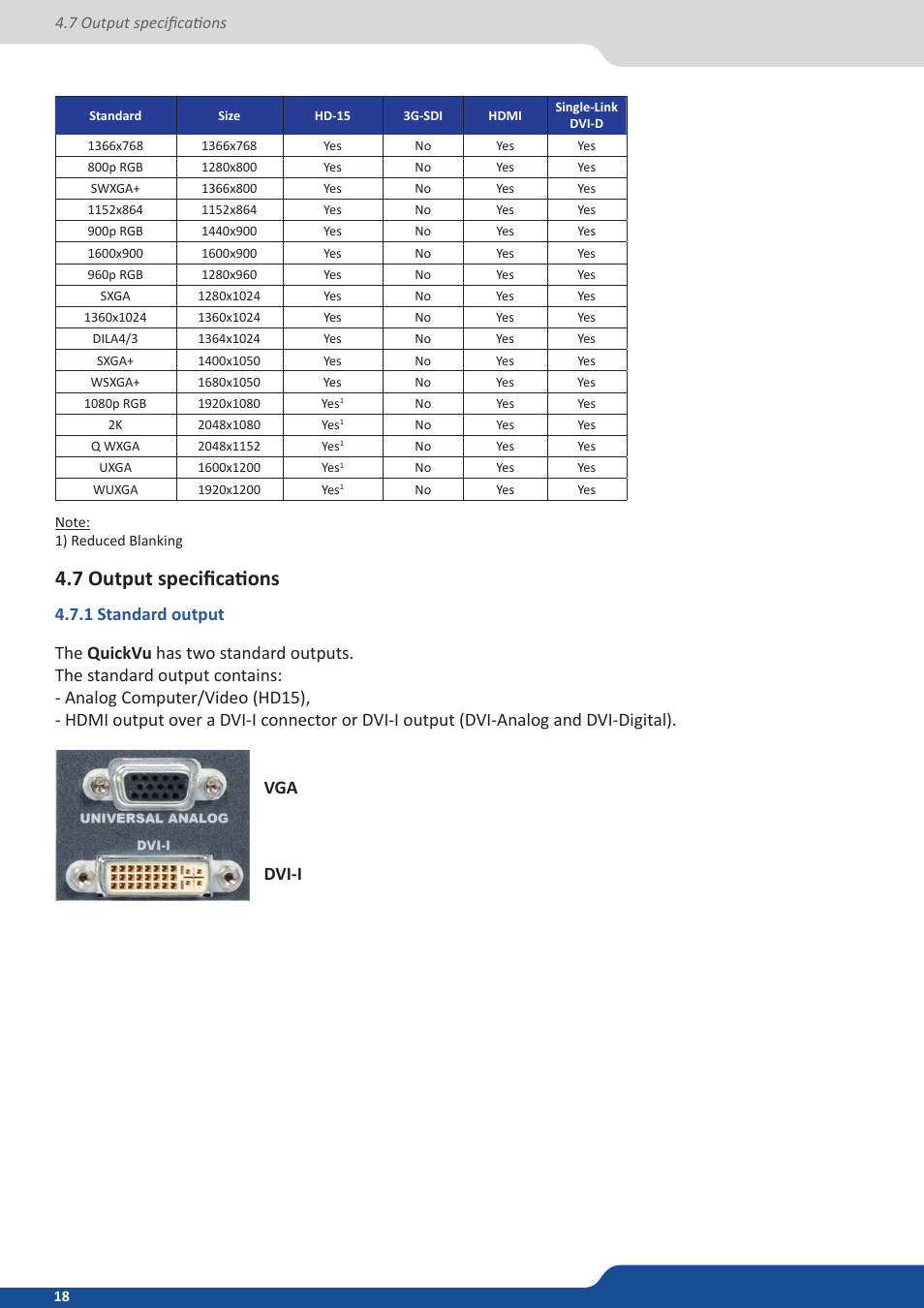 7 output specifications, 1 standard output, 1 standard output vga dvi-i | Analog Way QuickVu User Manual | Page 18 / 87