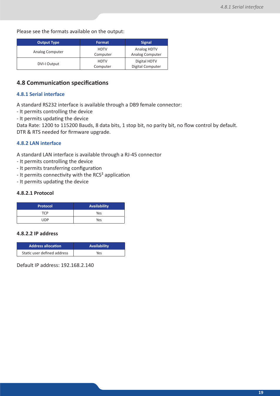 8 communication specifications, 1 serial interface, 2 lan interface | 1 protocol, 2 ip address | Analog Way QuickVu User Manual | Page 19 / 87