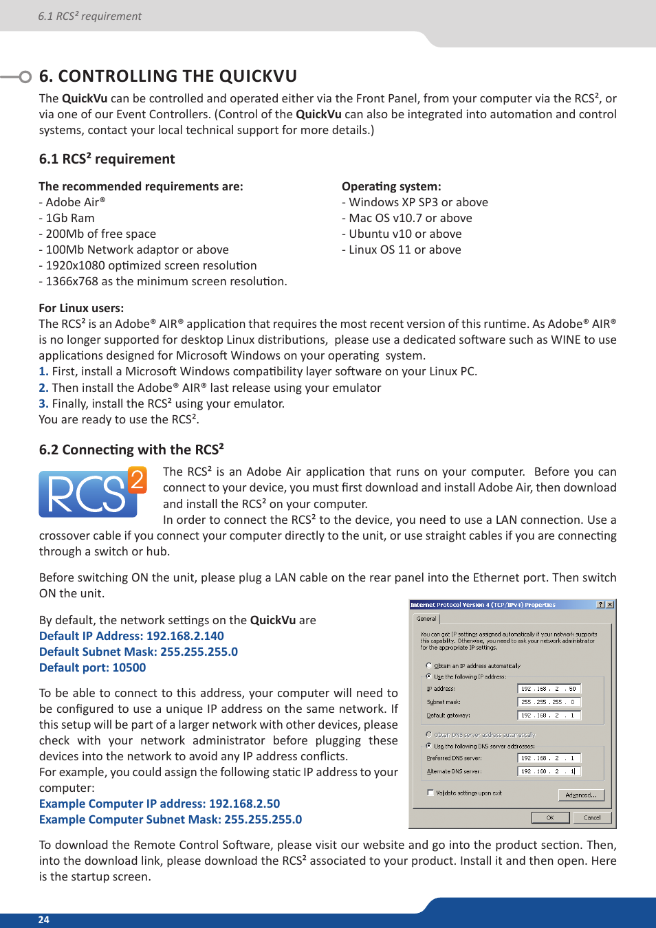 Controlling the quickvu, 1 rcs² requirement, 2 connecting with the rcs | Analog Way QuickVu User Manual | Page 24 / 87