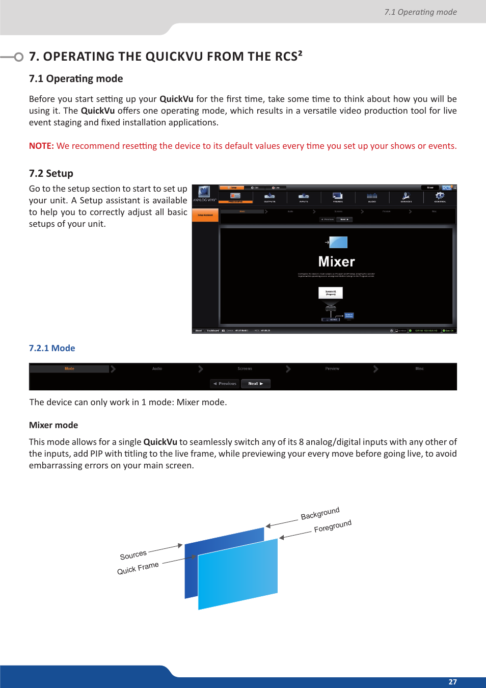 Operating the quickvu from the rcs, 1 operating mode, 2 setup | 1 mode | Analog Way QuickVu User Manual | Page 27 / 87