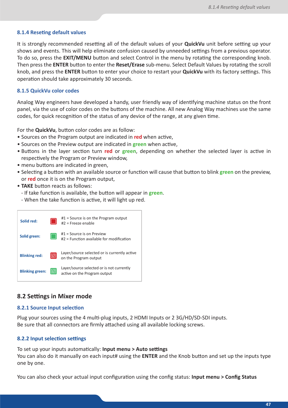 4 reseting default values, 5 quickvu color codes, 2 settings in mixer mode | 1 source input selection, 2 input selection settings | Analog Way QuickVu User Manual | Page 47 / 87