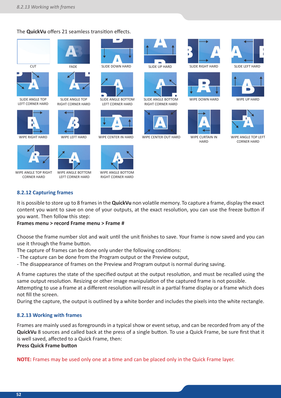 12 capturing frames, 13 working with frames, The quickvu offers 21 seamless transition effects | Analog Way QuickVu User Manual | Page 52 / 87