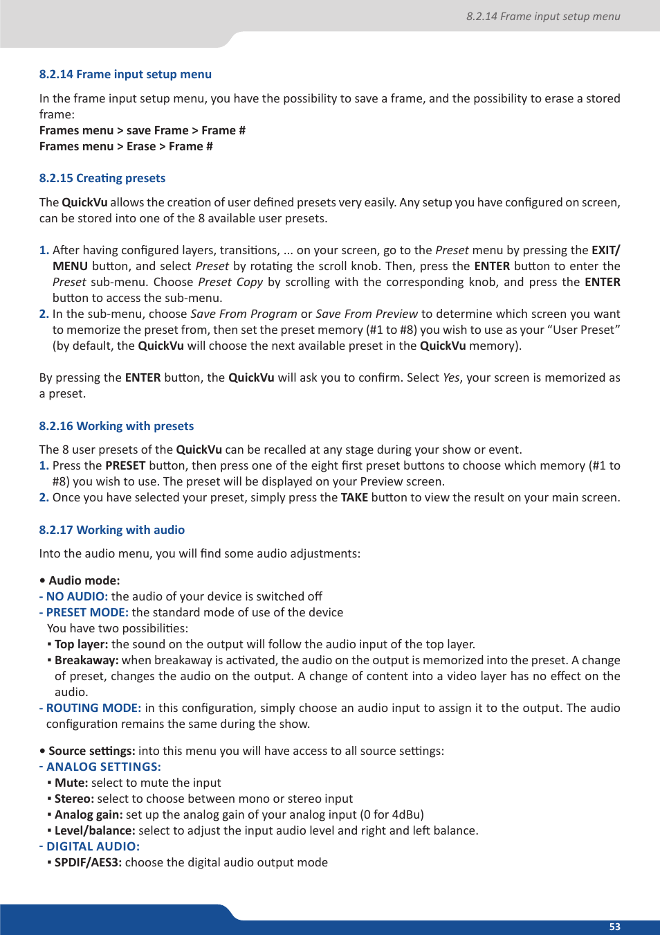 14 frame input setup menu, 15 creating presets, 16 working with presets | 17 working with audio | Analog Way QuickVu User Manual | Page 53 / 87