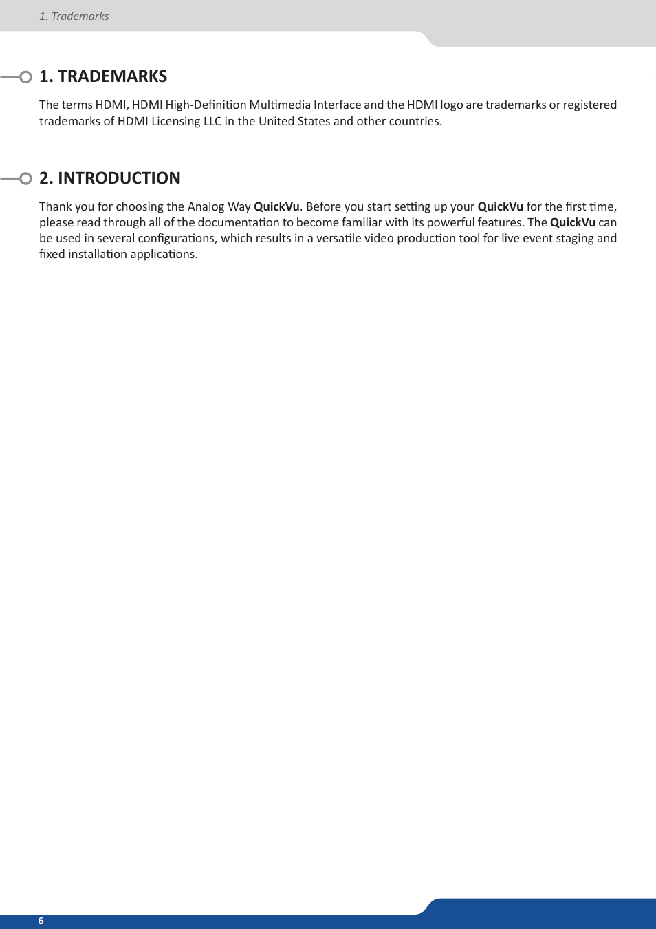 Trademarks, Introduction, Trademarks 2. introduction | Analog Way QuickVu User Manual | Page 6 / 87