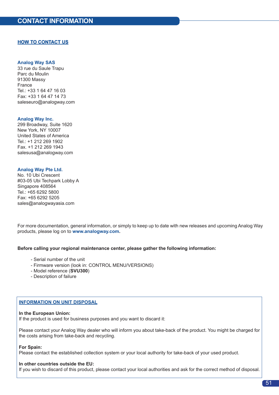 Contact information | Analog Way Smart Vu User Manual | Page 52 / 53