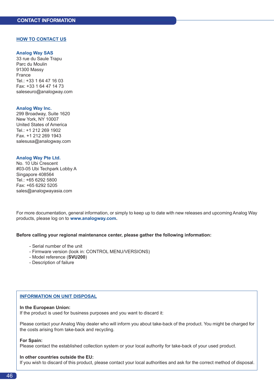 Contact information | Analog Way Smart Vu LE User Manual | Page 47 / 48