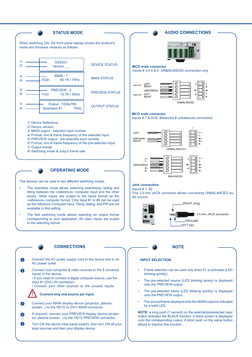 Operating mode status mode, Connections, Audio connections | Analog Way Octo Value User Manual | Page 3 / 4