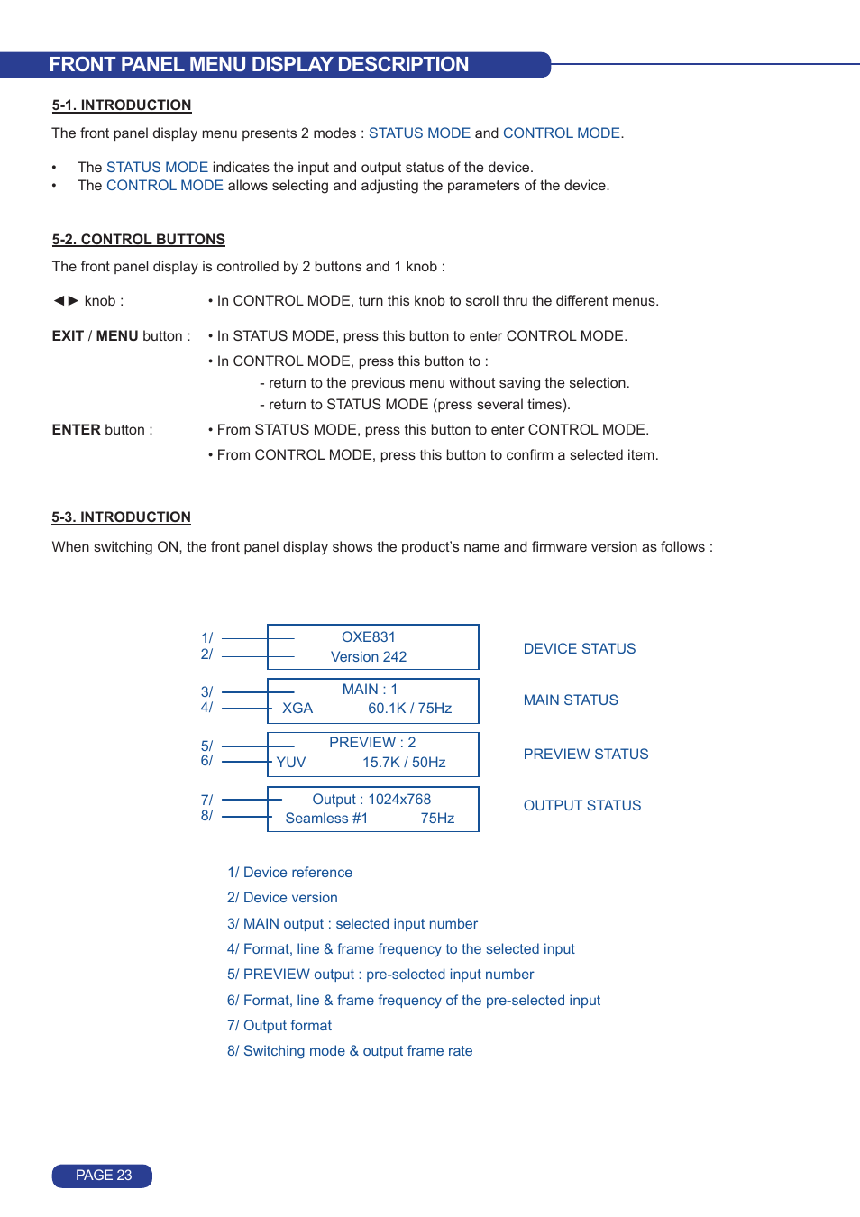 Front panel menu display description | Analog Way Octo Value User Manual | Page 24 / 58
