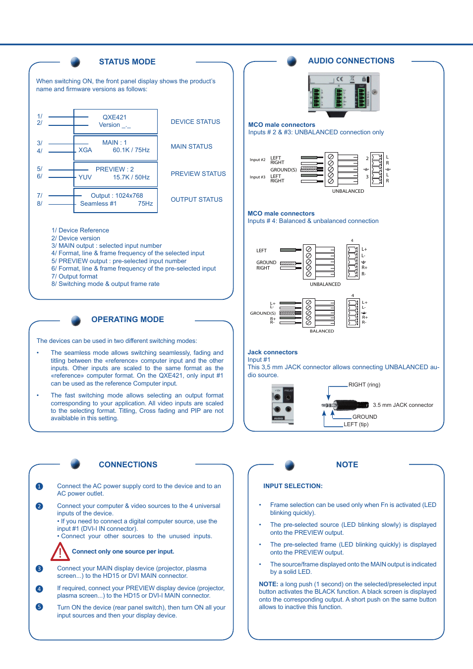 Connections, Operating mode audio connections | Analog Way Quattro Value User Manual | Page 3 / 4