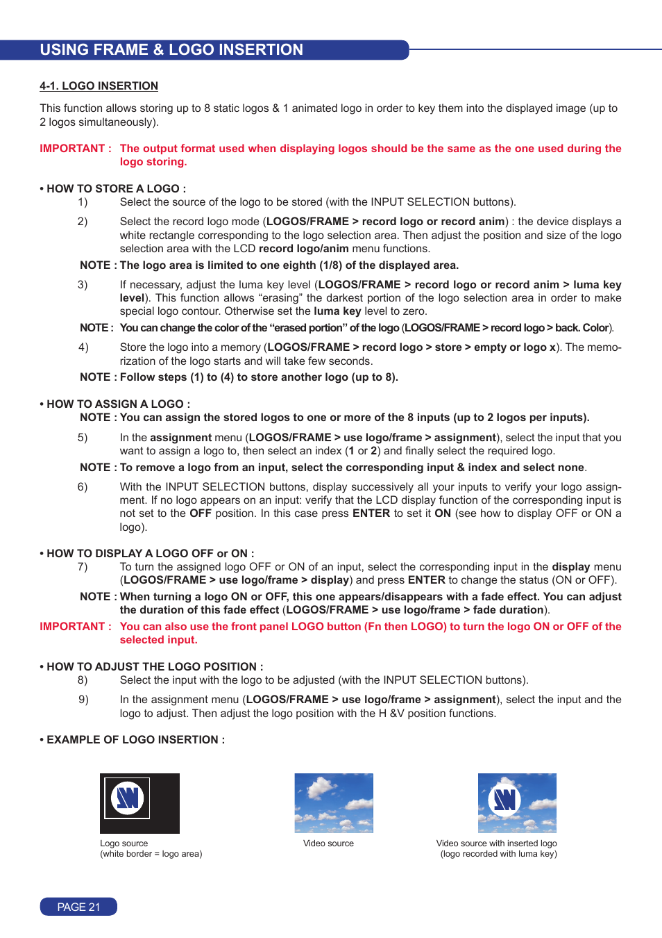 Using frame & logo insertion | Analog Way Quattro Value User Manual | Page 22 / 58