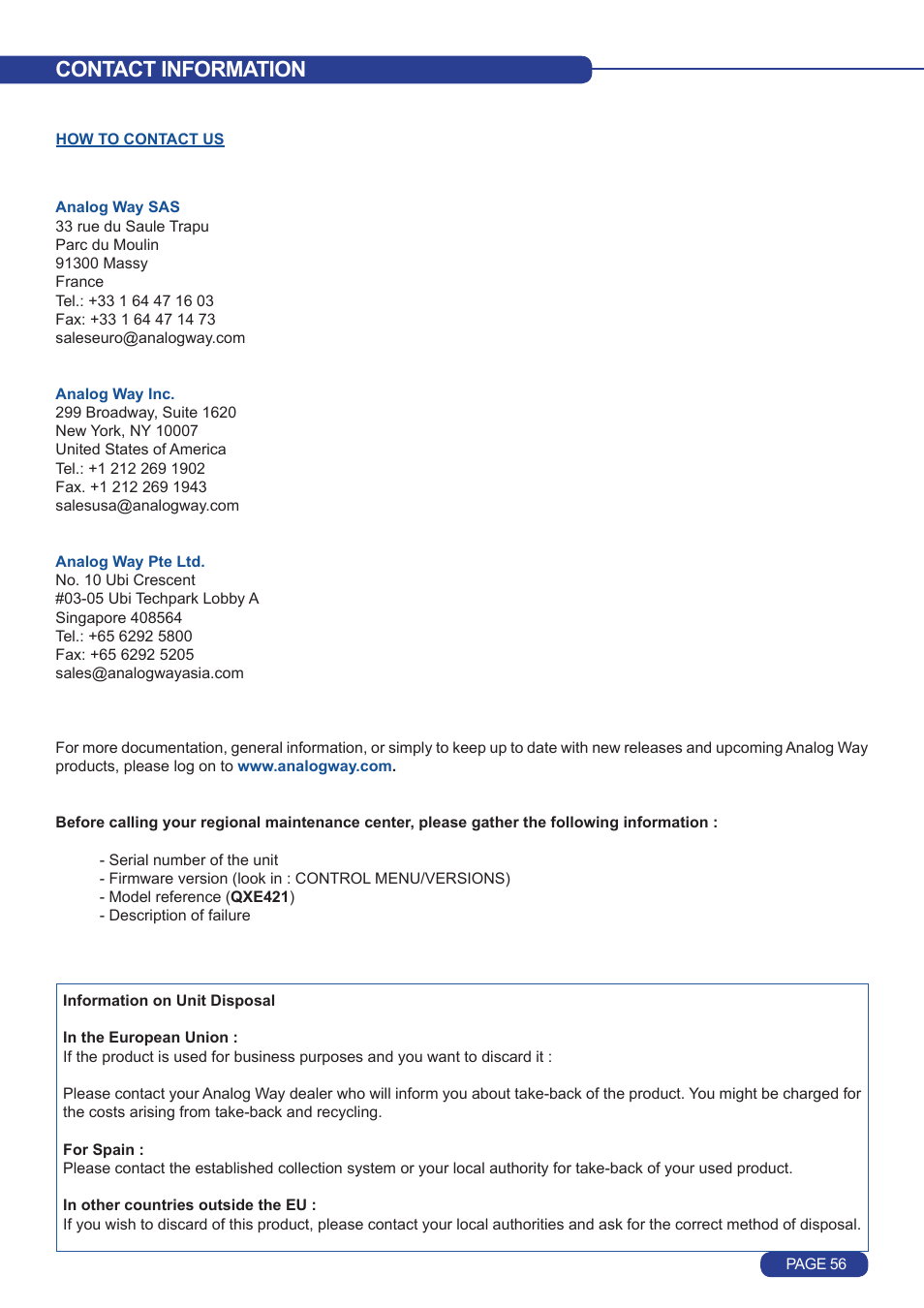 Contact information | Analog Way Quattro Value User Manual | Page 57 / 58