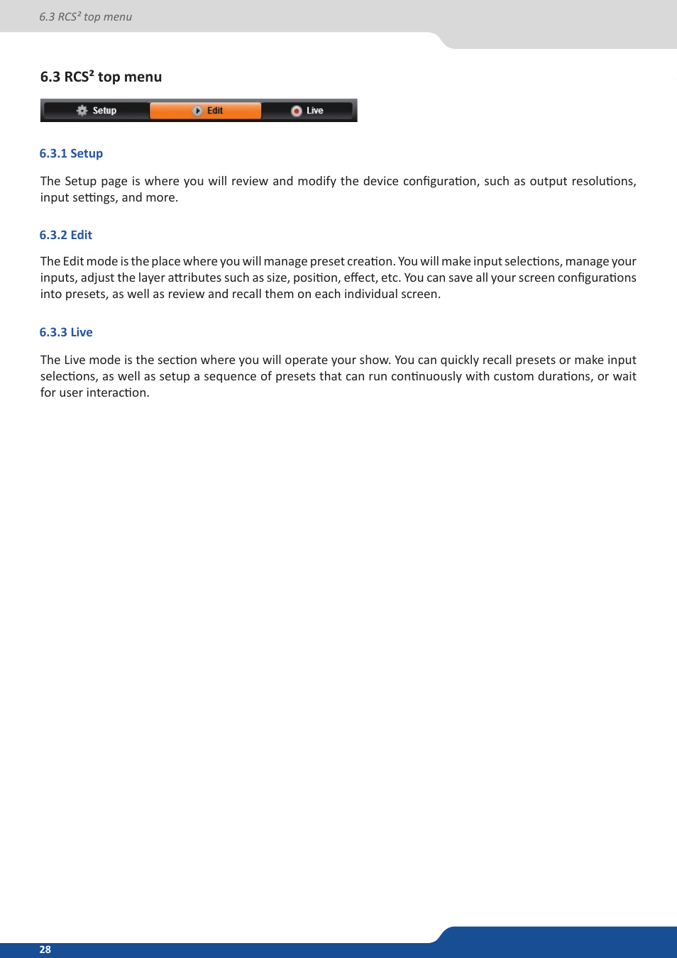 3 rcs² top menu, 1 setup, 2 edit | 3 live | Analog Way SmartMatriX2 User Manual | Page 28 / 99