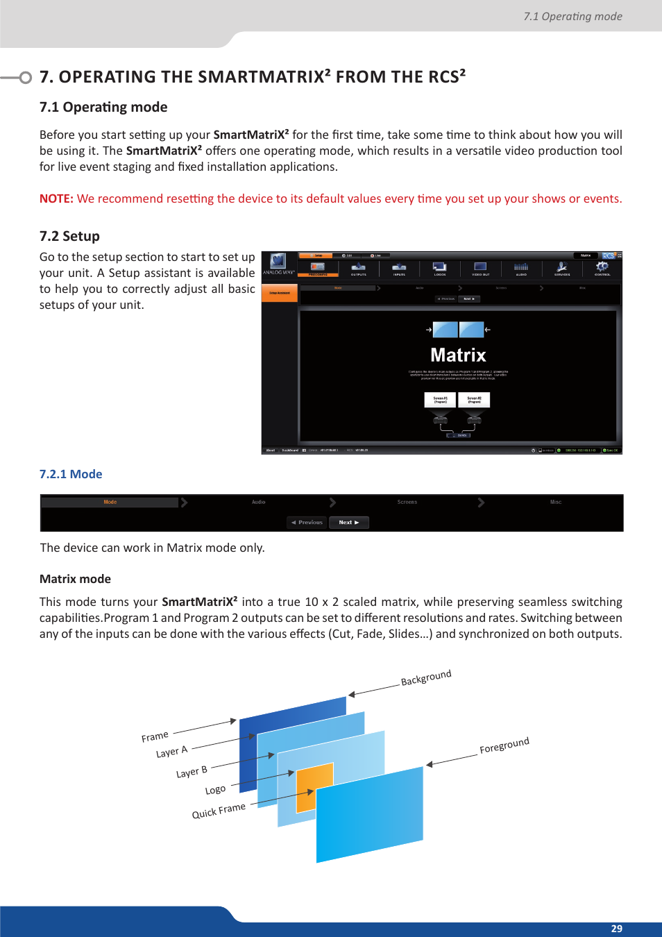Operating the smartmatrix² from the rcs, 1 operating mode, 2 setup | 1 mode | Analog Way SmartMatriX2 User Manual | Page 29 / 99