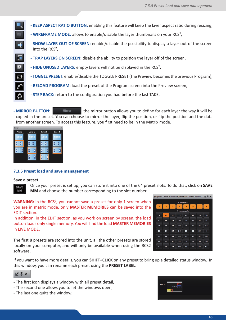 5 preset load and save management | Analog Way SmartMatriX2 User Manual | Page 45 / 99