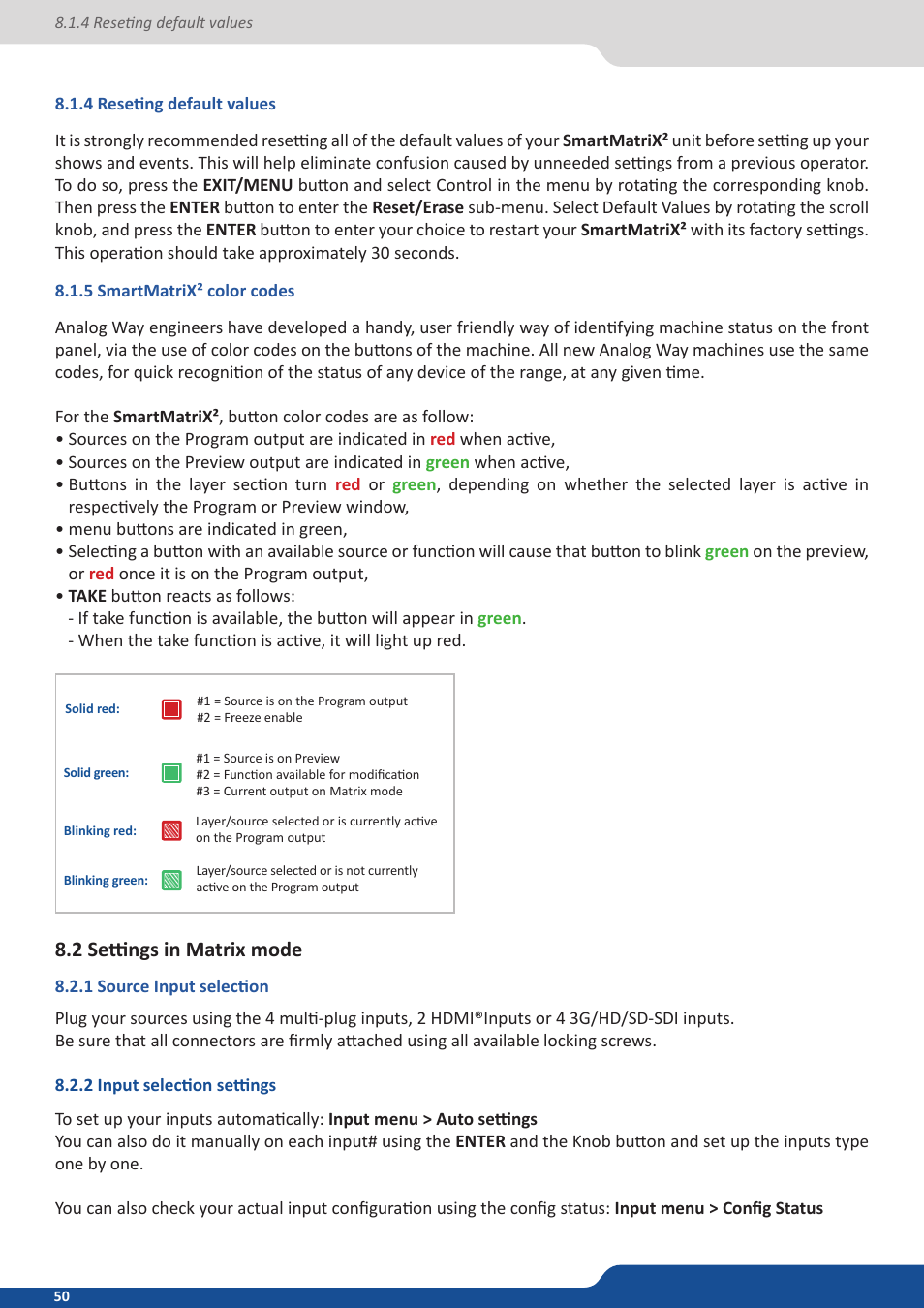 4 reseting default values, 5 eikos² color codes, 2 settings in matrix mode | 1 source input selection, 2 input selection settings | Analog Way SmartMatriX2 User Manual | Page 50 / 99