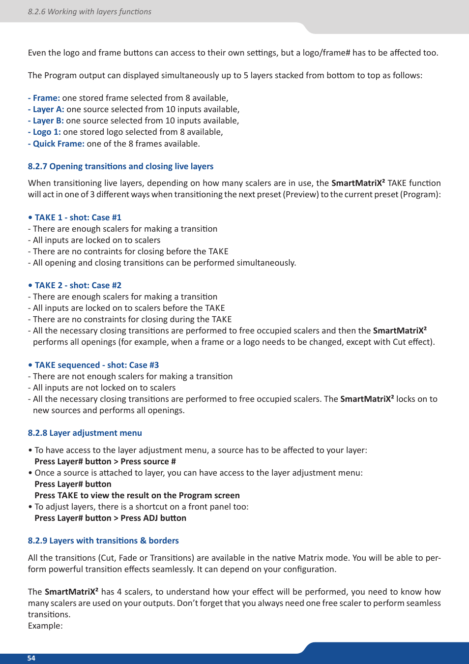 7 opening transitions and closing live layers, 8 layer adjustment menu, 9 layers with transitions & borders | Analog Way SmartMatriX2 User Manual | Page 54 / 99