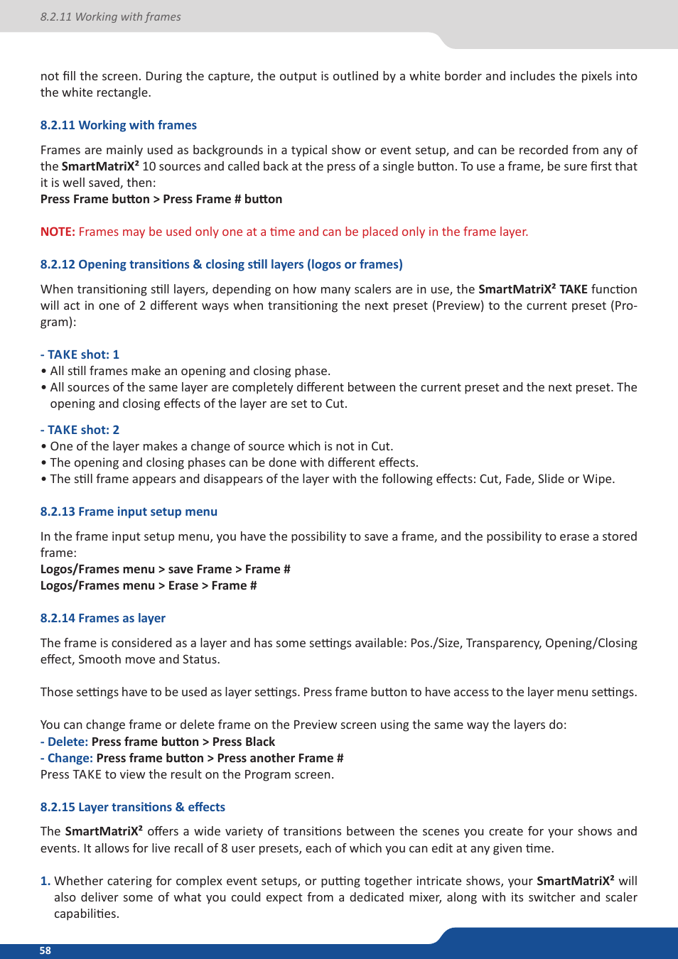 11 working with frames, 13 frame input setup menu, 14 frames as layer | 15 layer transitions & effects | Analog Way SmartMatriX2 User Manual | Page 58 / 99