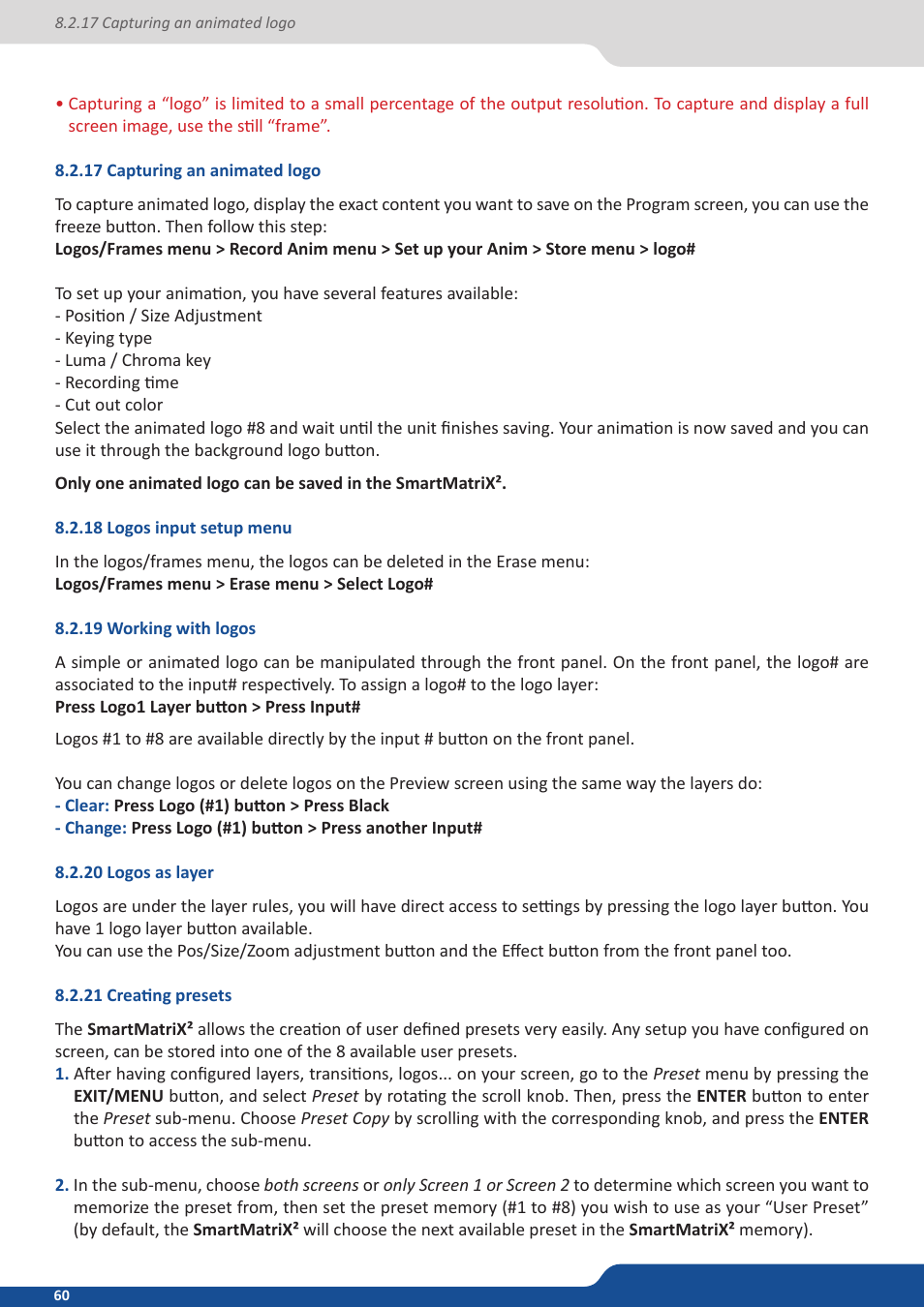 17 capturing an animated logo, 18 logos input setup menu, 19 working with logos | 20 logos as layer, 21 creating presets | Analog Way SmartMatriX2 User Manual | Page 60 / 99