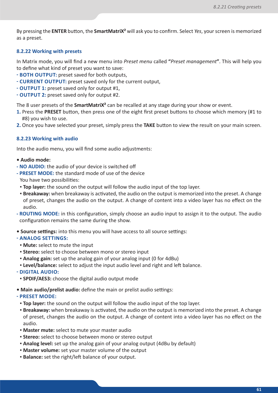 22 working with presets, 23 working with audio | Analog Way SmartMatriX2 User Manual | Page 61 / 99