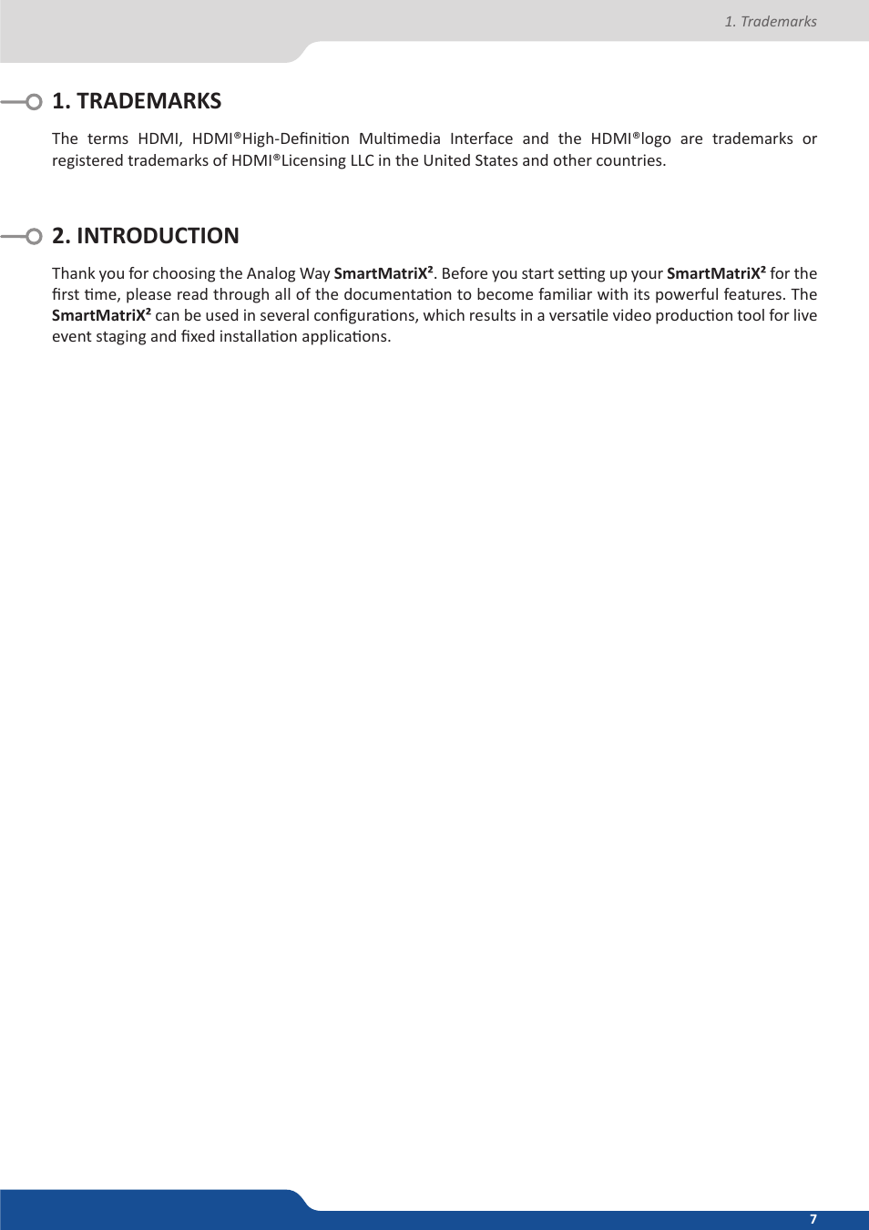 Trademarks, Introduction, Trademarks 2. introduction | Analog Way SmartMatriX2 User Manual | Page 7 / 99