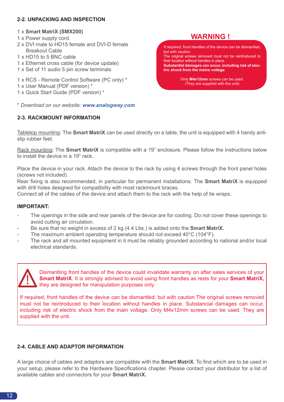 Warning | Analog Way Smart MatriX User Manual | Page 14 / 75