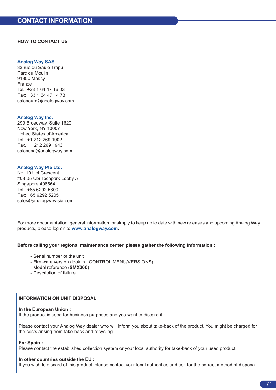 Contact information | Analog Way Smart MatriX User Manual | Page 73 / 75