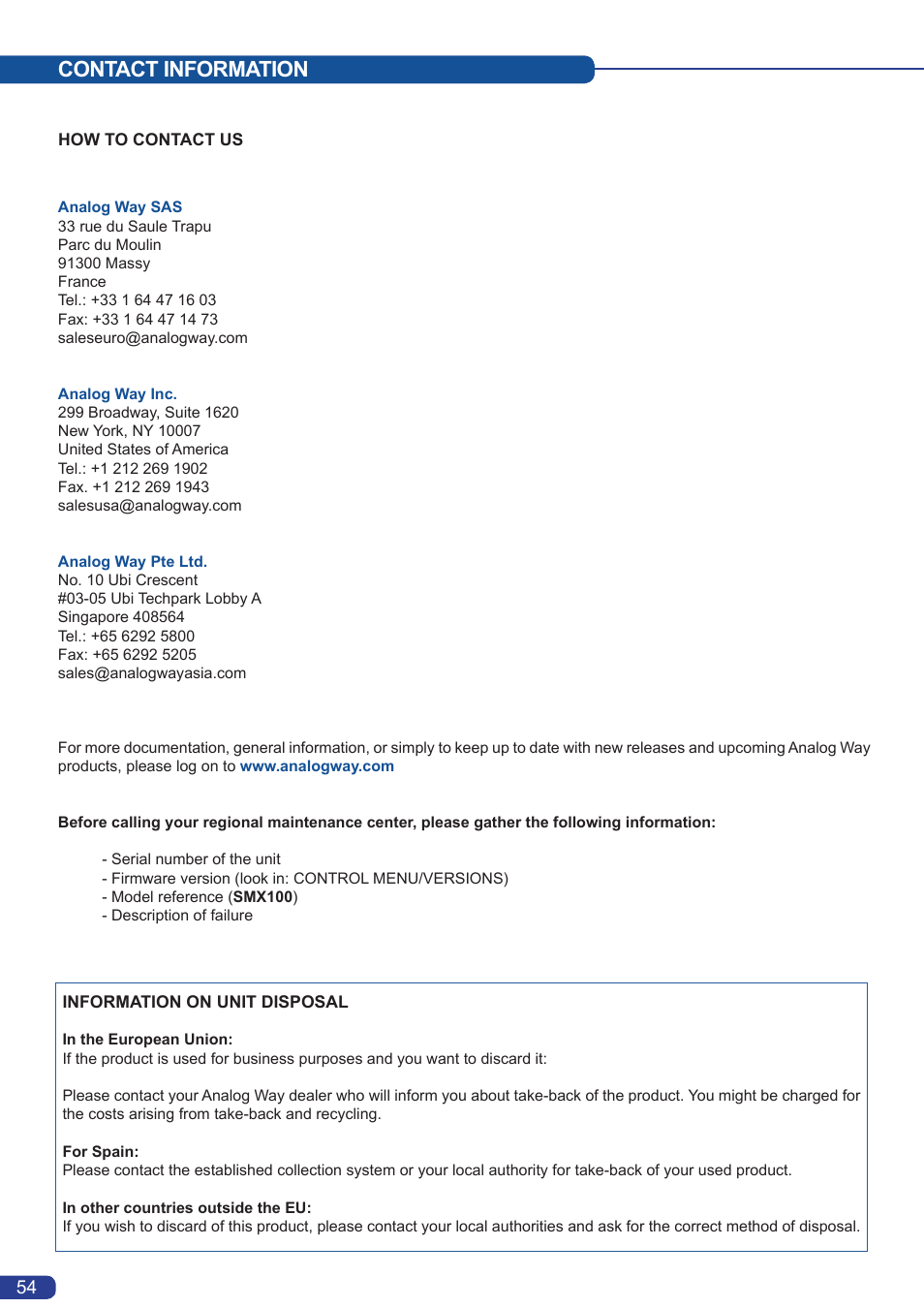 Contact information | Analog Way Smart MatriX LE User Manual | Page 55 / 56