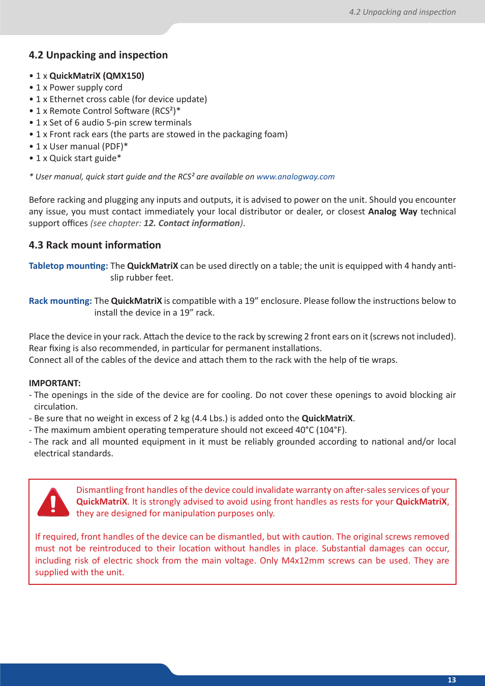 2 unpacking and inspection, 3 rack mount information | Analog Way QuickMatriX User Manual | Page 13 / 87