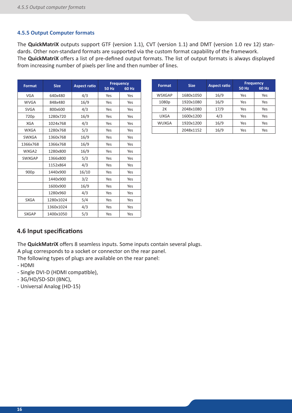 5 output computer formats, 6 input specifications | Analog Way QuickMatriX User Manual | Page 16 / 87