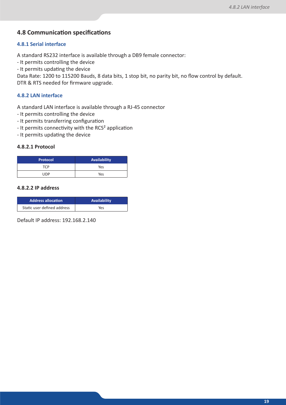 8 communication specifications, 1 serial interface, 2 lan interface | 1 protocol, 2 ip address | Analog Way QuickMatriX User Manual | Page 19 / 87