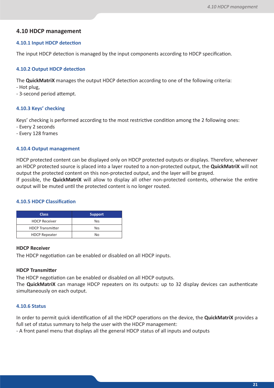 10 hdcp management, 1 input hdcp detection, 2 output hdcp detection | 3 keys’ checking, 4 output management, 5 hdcp classification, 6 status | Analog Way QuickMatriX User Manual | Page 21 / 87
