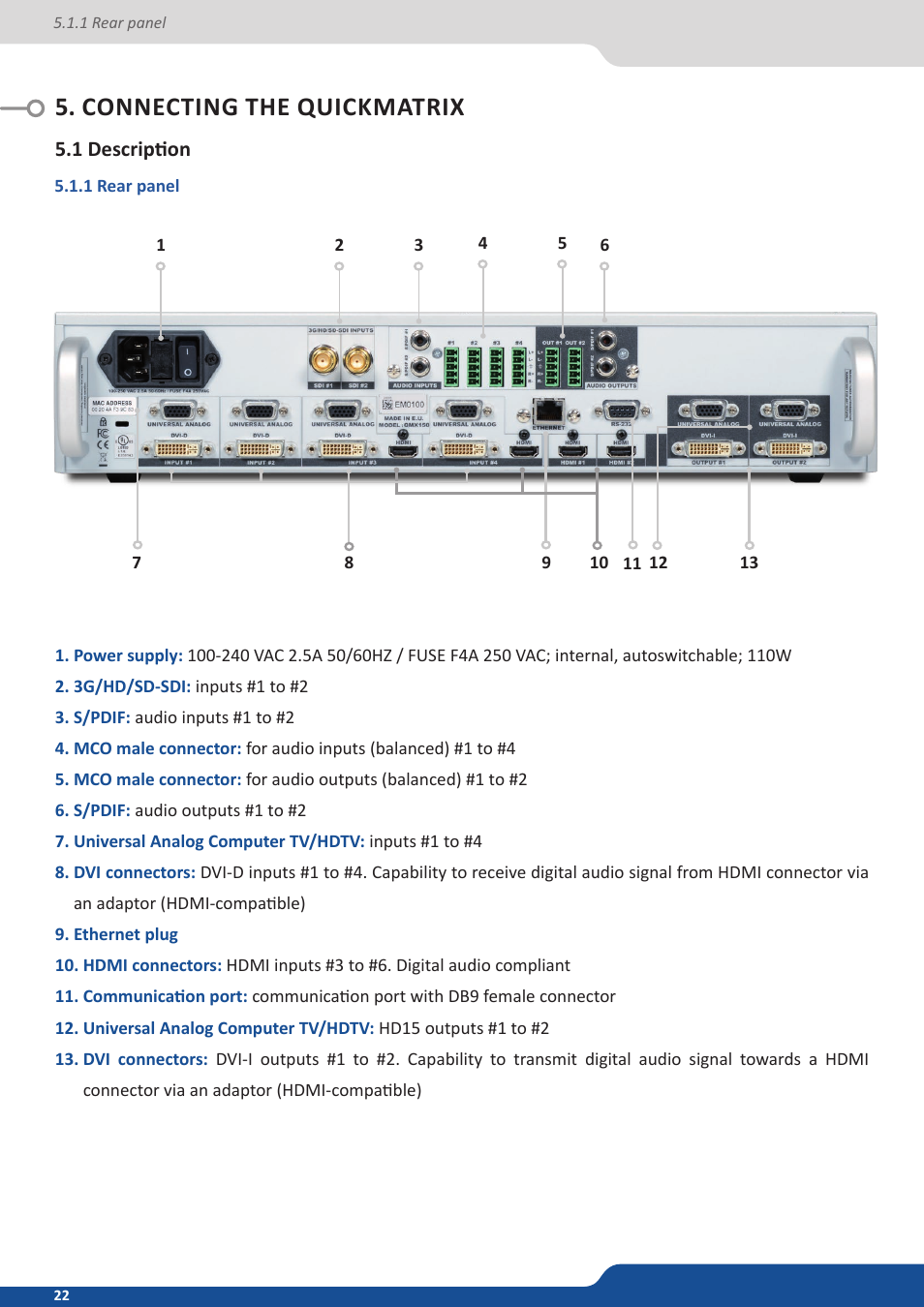 Connecting the quickmatrix, 1 description, 1 rear panel | Connecting the quickma | Analog Way QuickMatriX User Manual | Page 22 / 87