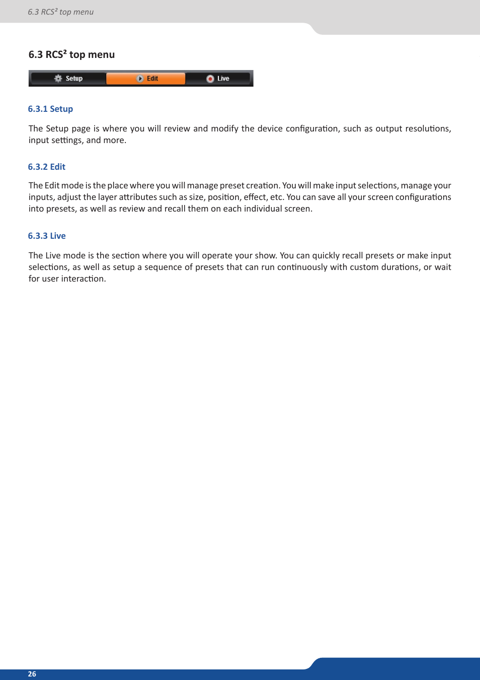 3 rcs² top menu, 1 setup, 2 edit | 3 live | Analog Way QuickMatriX User Manual | Page 26 / 87