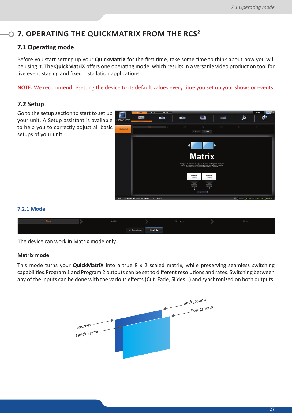Operating the quickmatrix from the rcs, 1 operating mode, 2 setup | 1 mode | Analog Way QuickMatriX User Manual | Page 27 / 87