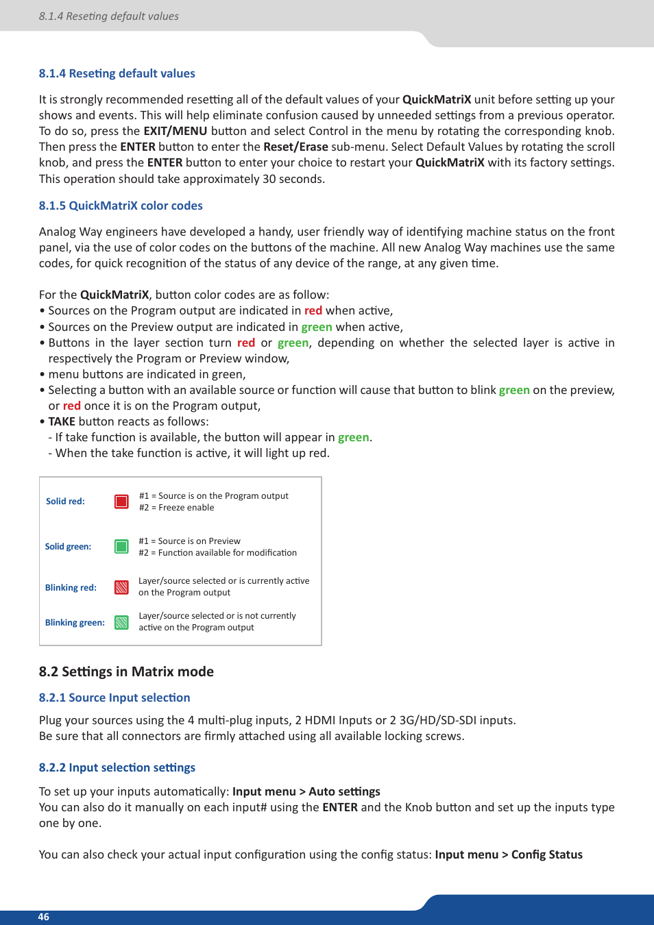 4 reseting default values, 5 eikos² color codes, 2 settings in matrix mode | 1 source input selection, 2 input selection settings | Analog Way QuickMatriX User Manual | Page 46 / 87
