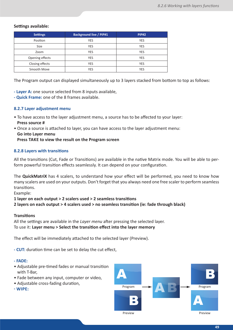 7 layer adjustment menu, 8 layers with transitions | Analog Way QuickMatriX User Manual | Page 49 / 87